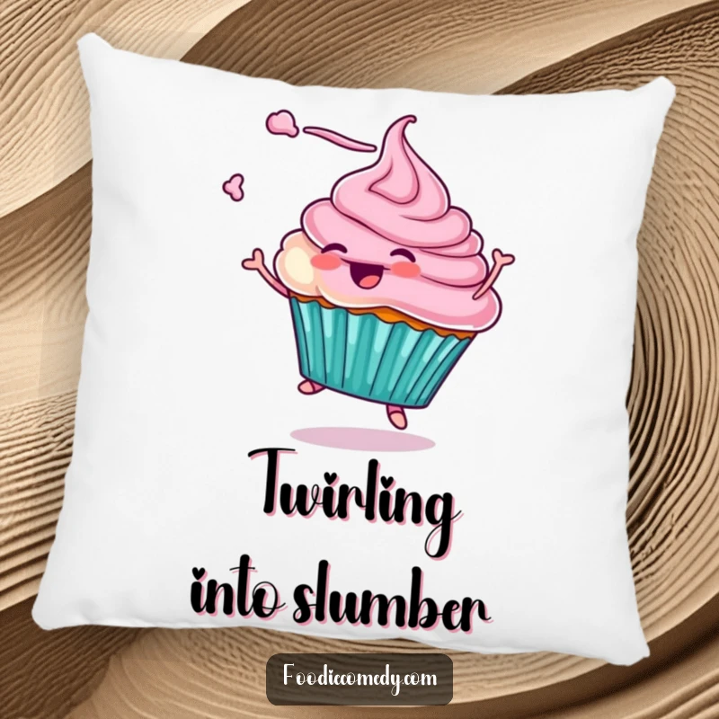 Funny pillow featuring a plush cupcake character twirling with frosting flying, adding soft comfort and a dose of pure sweetness. A truly amusing gift.
