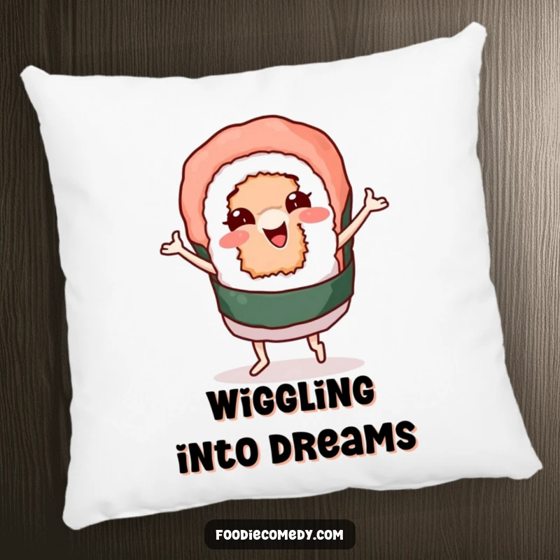 Funny pillow featuring a plush sushi roll character wiggling and dancing, adding soft comfort and a dose of playful energy to any seating area. A truly amusing gift.