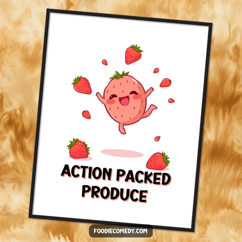 Funny Strawberry Digital Art Print: A high-resolution image of a happy strawberry performing a cartwheel, full of vibrant energy and humor.