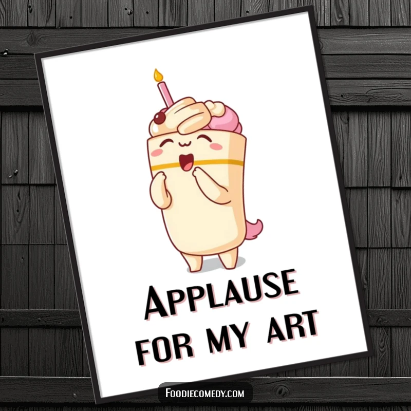 Funny digital art print of a kawaii cake character taking a theatrical opera bow, perfect for immediate wall decor.