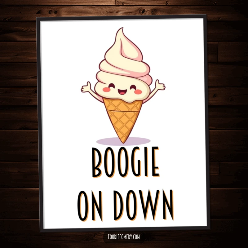 Funny digital art print of a happy ice cream cone character performing a cheerful boogie dance, ideal for vibrant decor.