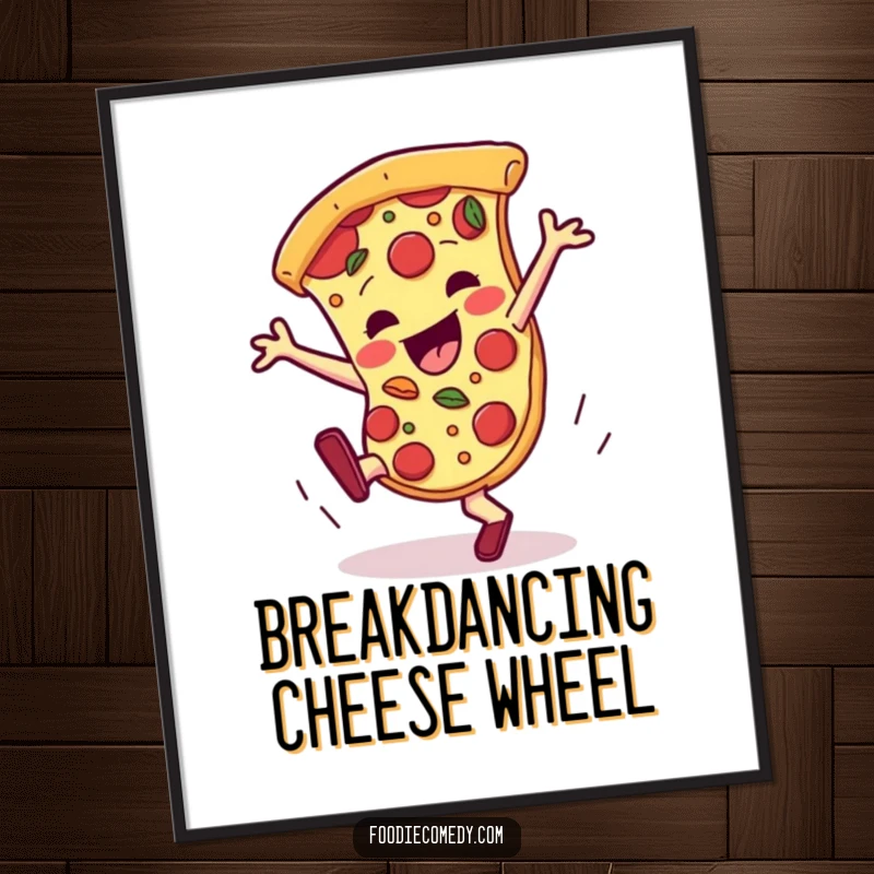 Funny pizza digital art print, a slice breakdancing with toppings, for instant energetic food decor.