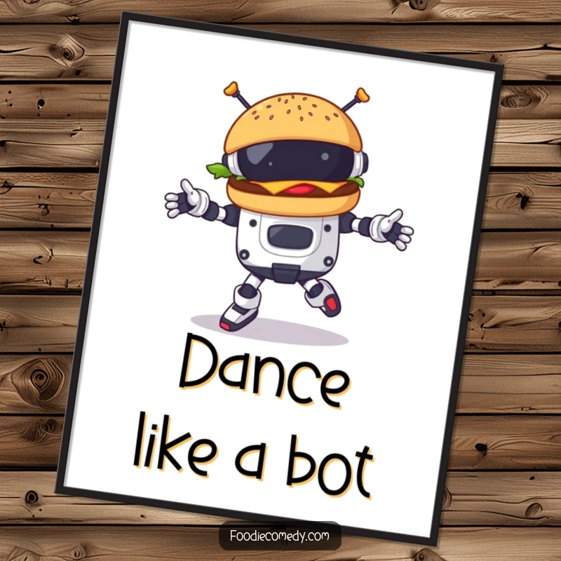 Funny burger character performing a robotic dance in a digital art print, ideal for humorous and futuristic wall decor.