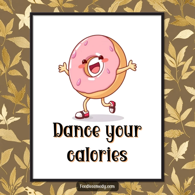 Funny donut tap dance digital art print, cheerful donut character dancing, cute food art for walls.