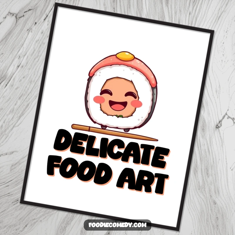 Funny Sushi Digital Art Print: A high-resolution image of a grinning sushi slice expertly balancing on a chopstick, full of quirky humor.