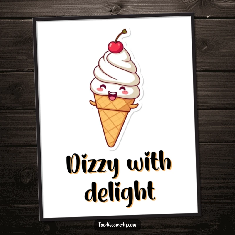 Funny giggling ice cream cone digital art print, a spinning dessert character adding sweet charm.