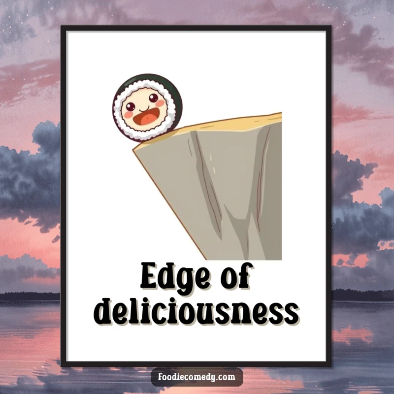Funny digital artwork of a smiling sushi roll with dot eyes happily rolling off a cliff edge, ready to bring daring cheer.
