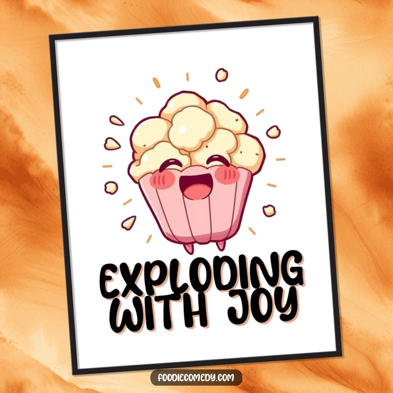 Funny kawaii popcorn kernel exploding into a happy burst, a downloadable digital art print for energetic decor.