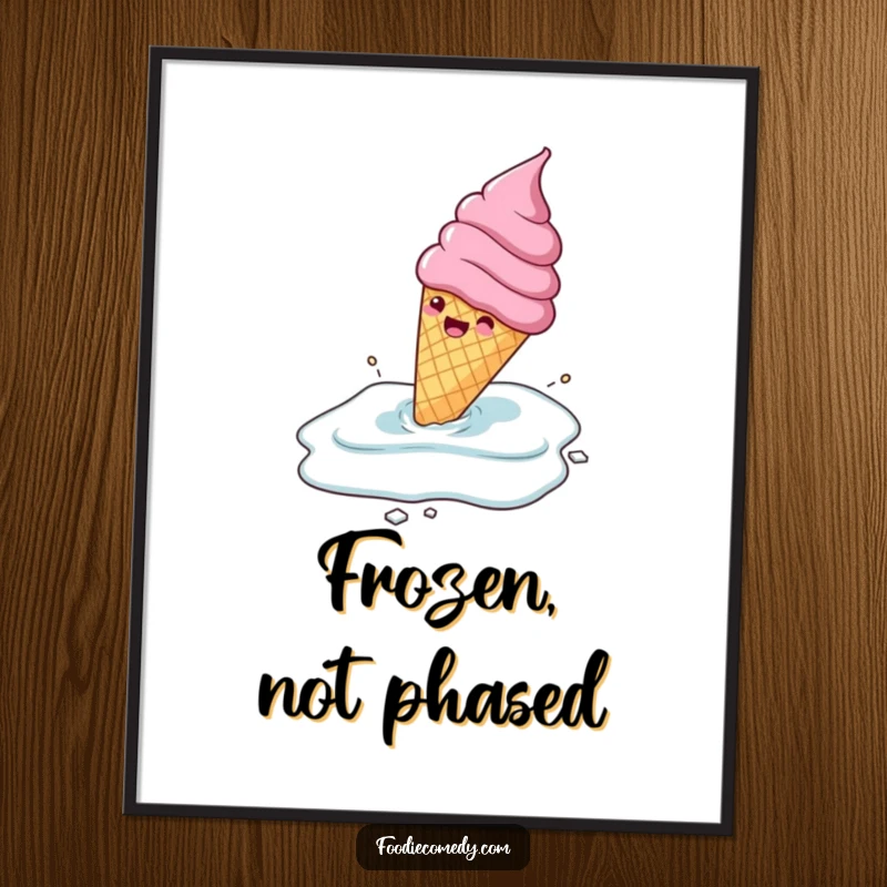 Funny gleeful ice cream cone sliding across a frozen surface, as digital art, a humorous and cool printable gift.