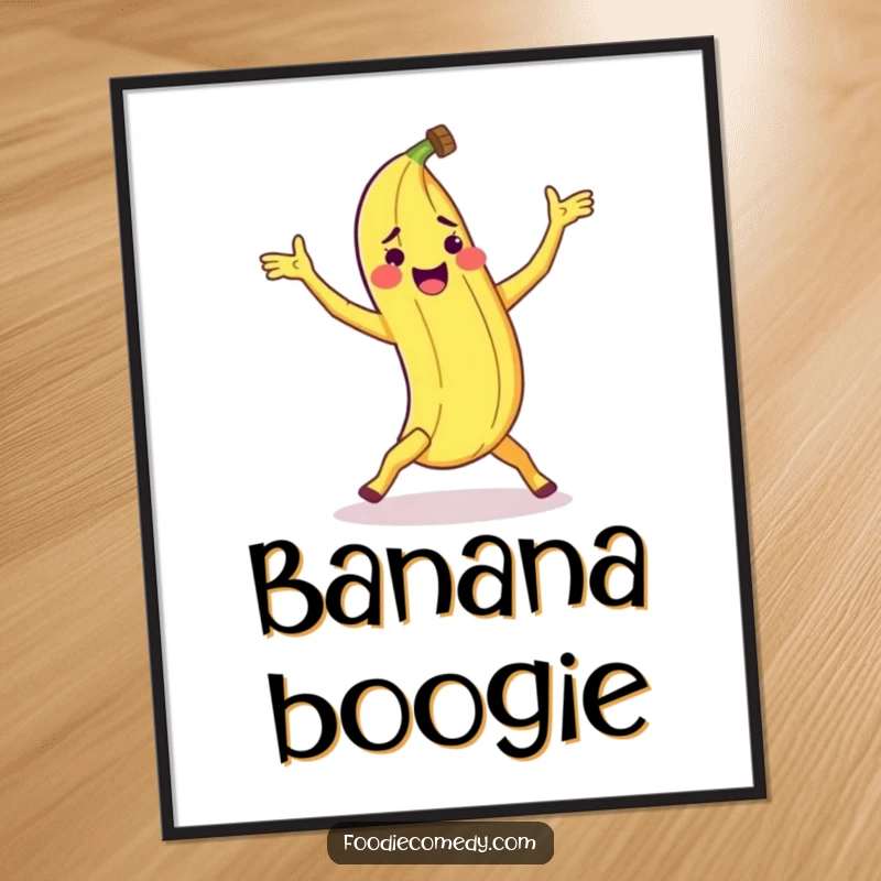 Funny banana peel digital art print of a peel doing a clumsy breakdance move, perfect for instant humorous decor.