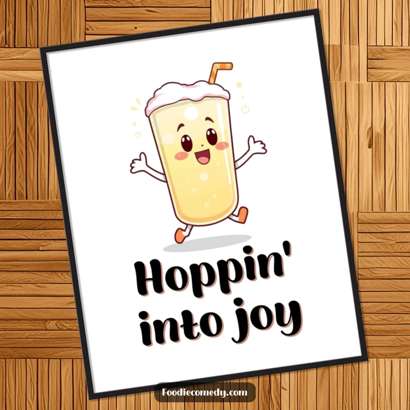 Funny digital art print of a bubbly beverage doing a joyful little hop, perfect for adding instant effervescence and humor digitally.