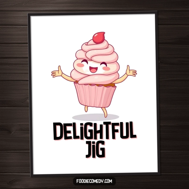 Funny digital art print of a delighted cupcake joyfully performing a whimsical folk dance, offering instant sweet humor.