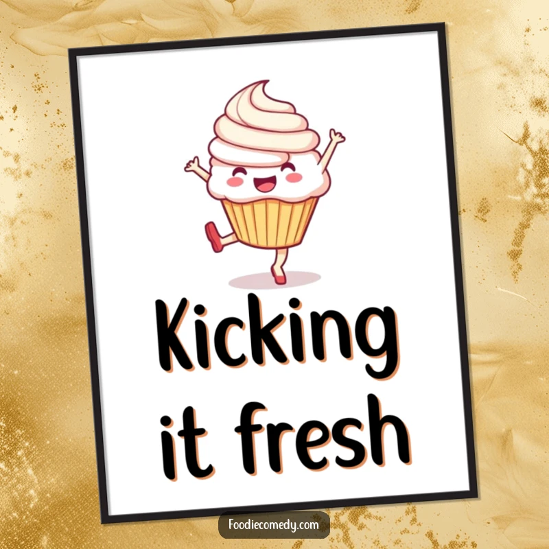 Funny digital art print of an exuberant cupcake doing a lively kick, perfect for adding humor and energy to any digital display.