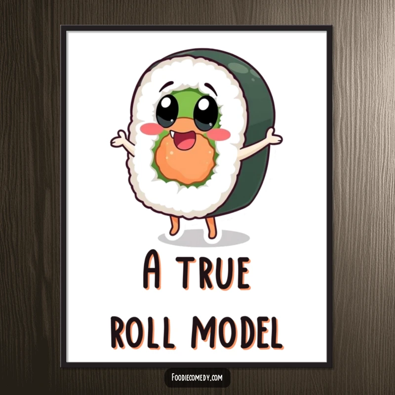 Funny sushi roll digital art print of a dancing character with exaggerated happy eyes, providing instant joy.