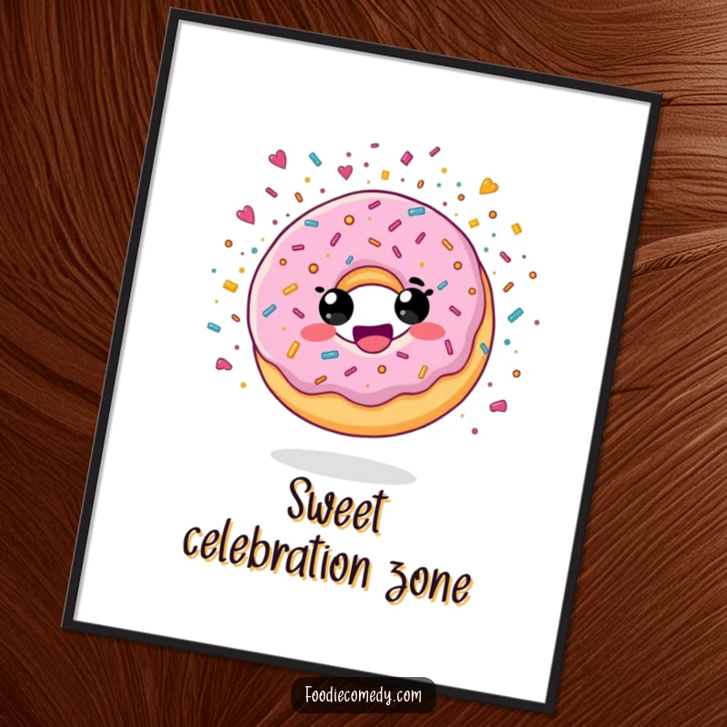 Funny digital art print of a delighted donut character exploding with sugary confetti, perfect for vibrant decor.