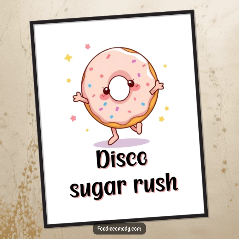 Funny digital art print of a donut energetically disco dancing, adding a lively and humorous visual element to any digital display.