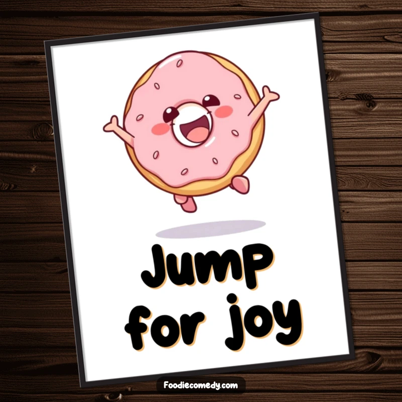 Funny digital art print of a gleeful donut character performing a fun jump, ideal for vibrant and playful decor.