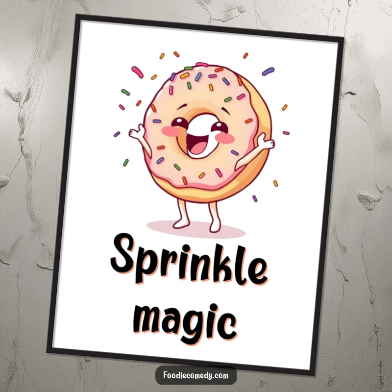 Funny donut digital art print of a happy character gleefully juggling colorful sprinkles, ideal for printable kitchen wall decor.