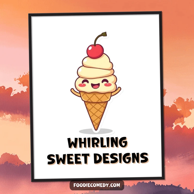 Funny ice cream cone digital art, a giggling character with a cherry on top, spinning with vibrant, humorous energy.