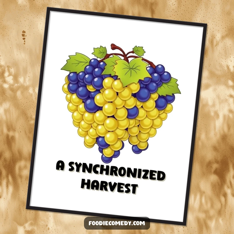 Funny digital art print of a bunch of grapes performing a synchronized sway, ready for immediate printing and rhythmic display.