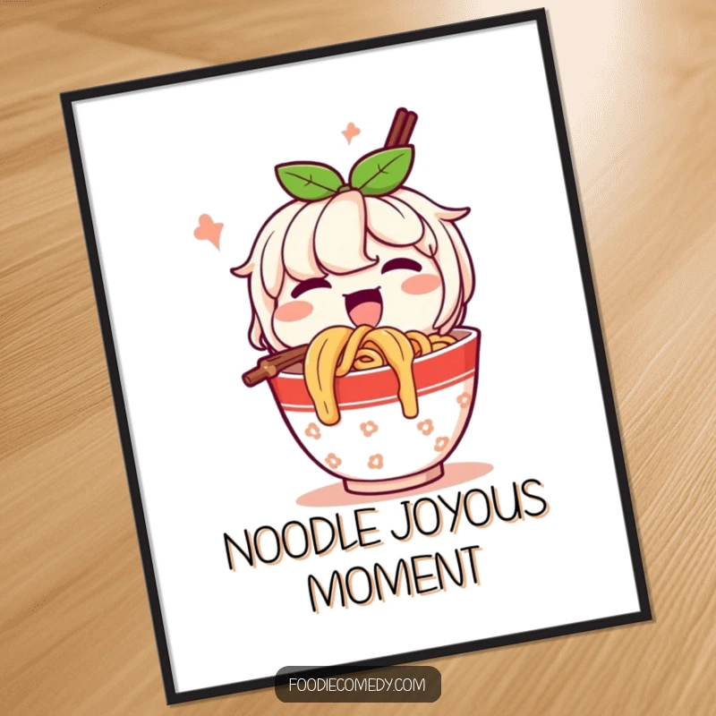 Funny Digital Art Print: A happy cup of noodles character slurps noodles with gusto, radiating pure joy and comfort for digital decor.