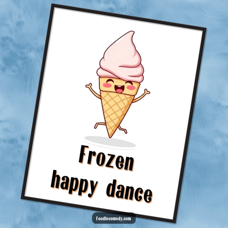 Funny digital art print of an ice cream cone doing a lively jig, adding a cheerful and humorous visual element to any display.
