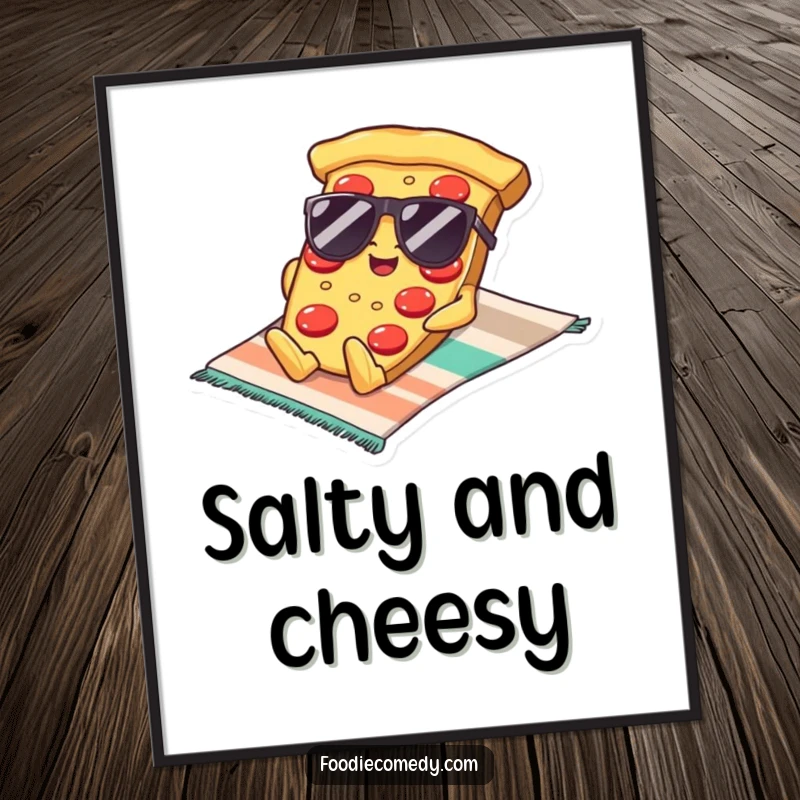 Funny Kawaii Pizza Sunglasses Digital Art Print: High-resolution art of a pizza slice with sunglasses lounging on a beach towel, offering instant cool humor.