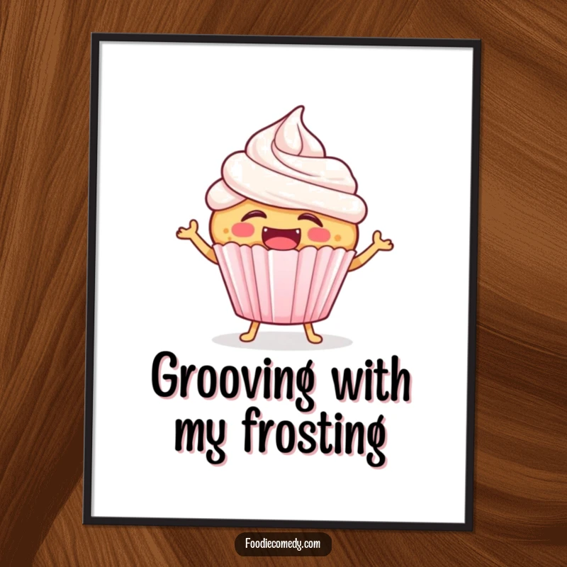Funny laughing cupcake digital art print of a joyful cupcake character with frosting, hopping energetically to a lively beat.