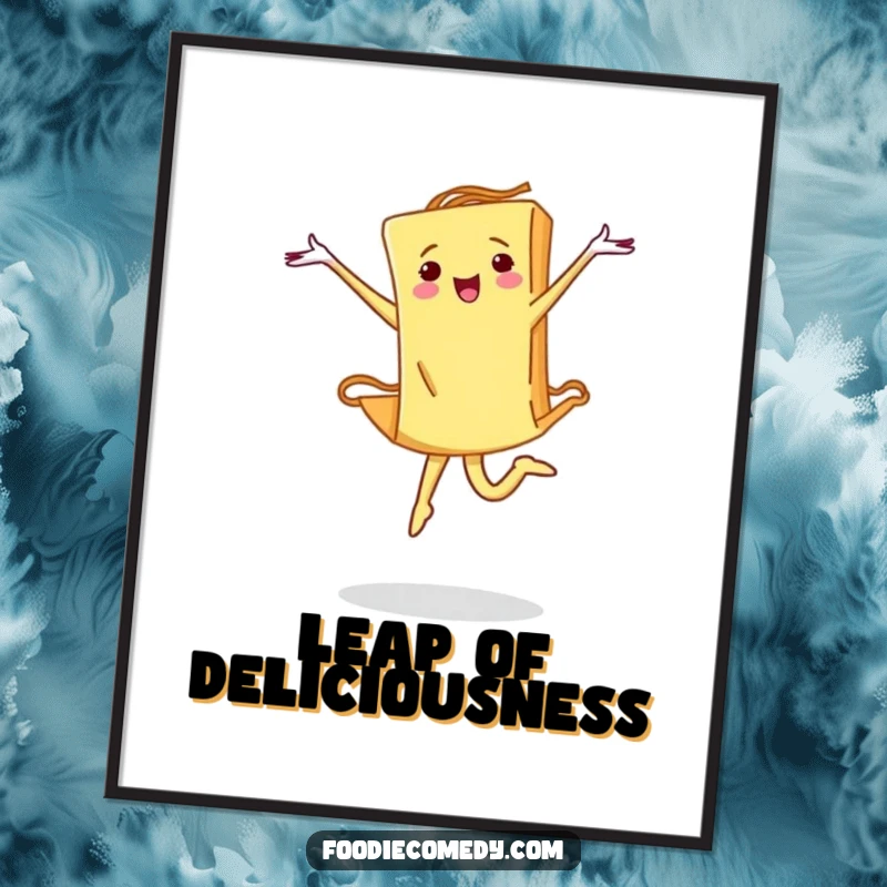 Funny pasta digital art print capturing a piece of pasta performing a determined ballet leap, bringing instant artistic inspiration.