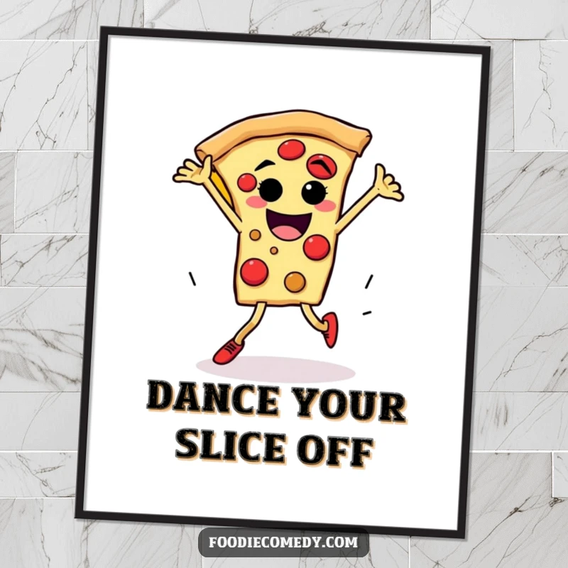 Funny pizza breakdance digital art print of a pizza slice character with legs performing a thrilling, energetic breakdance spin.