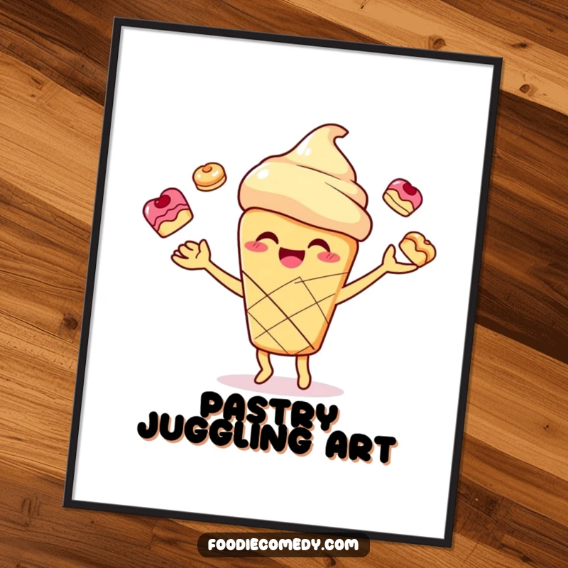 Funny smiling scone character joyfully juggling small pastries, available as an instant digital art download, perfect for home printing.
