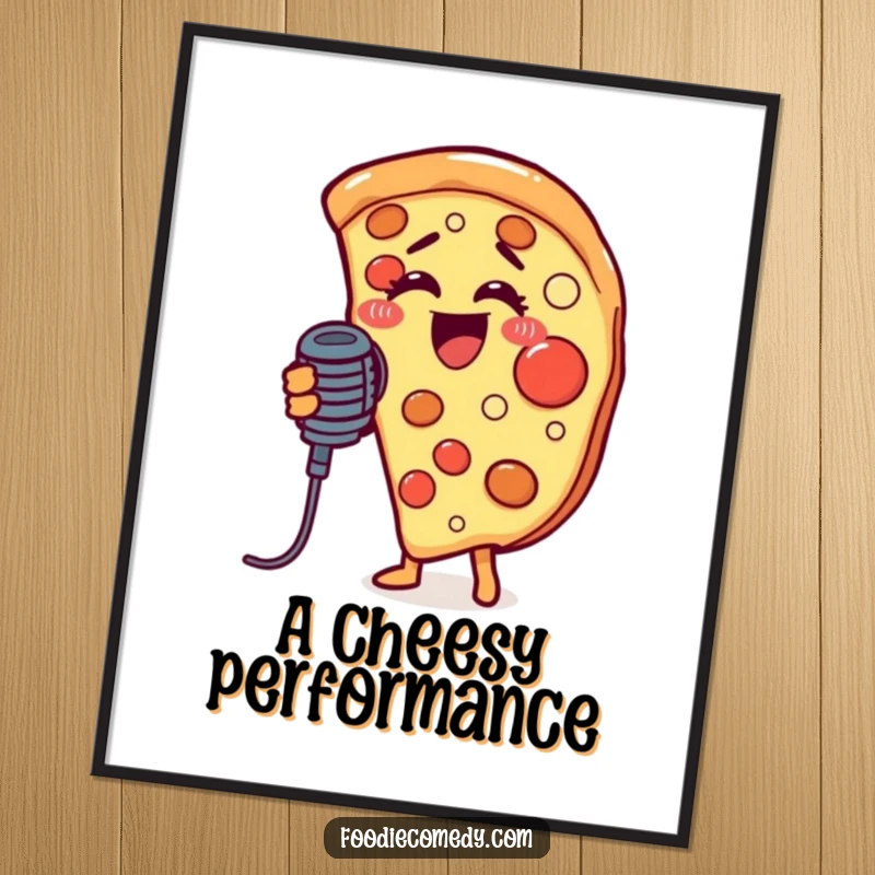 Funny digital art print of a pizza slice enthusiastically singing into a microphone, ready for immediate printing and display.