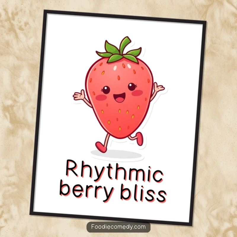 Funny strawberry digital art print, smiling and performing a rhythmic tap dance, for instant fruity decor.