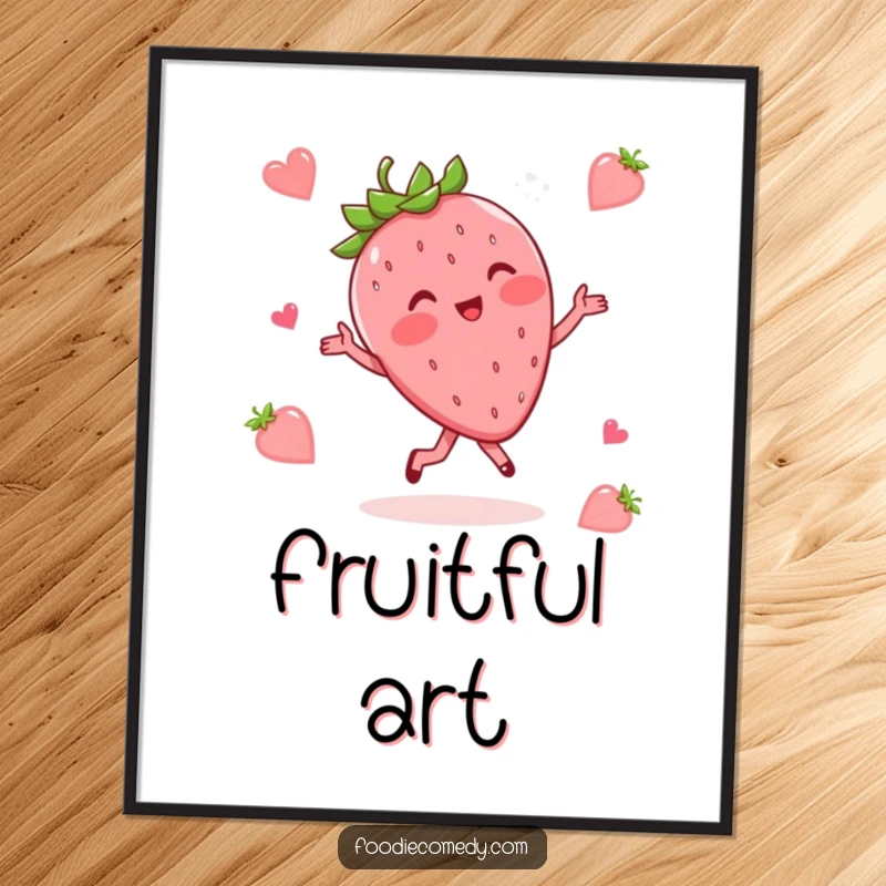 Funny digital art print of a blushing strawberry gracefully performing a whimsical waltz, ready for instant download.
