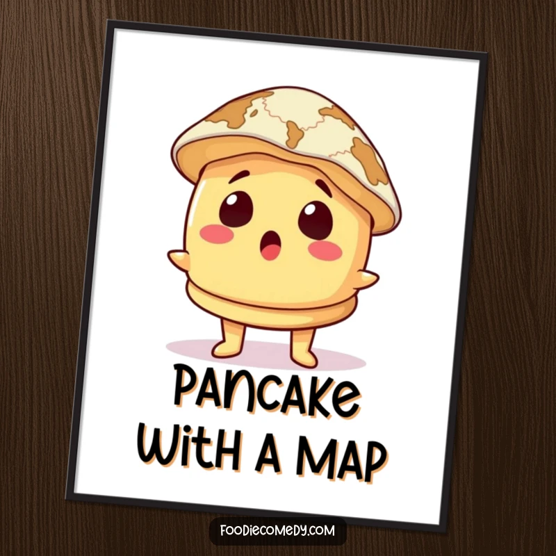 Funny Digital Art Print: A surprised pancake character wears a map as a hat, offering whimsical art and a sense of discovery.