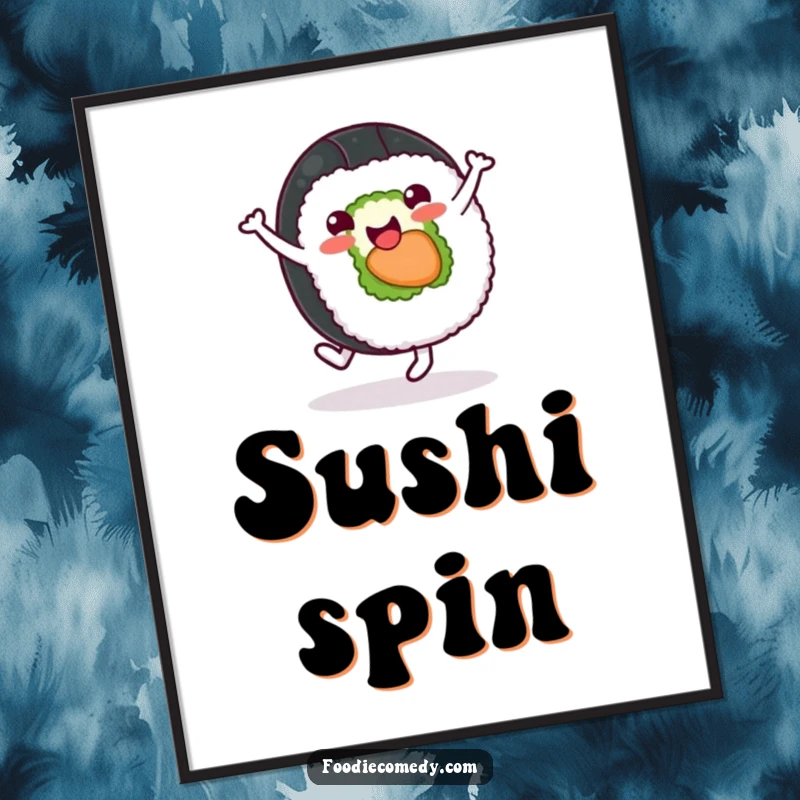 Funny sushi roll digital art print of a cheerful character doing a cartwheel, ideal for printable kitchen wall decor.
