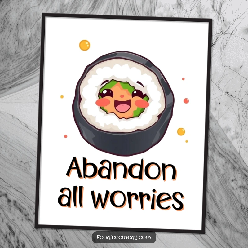 Funny digital art print of a sushi roll joyfully twirling, adding a whimsical and humorous visual element to any display.