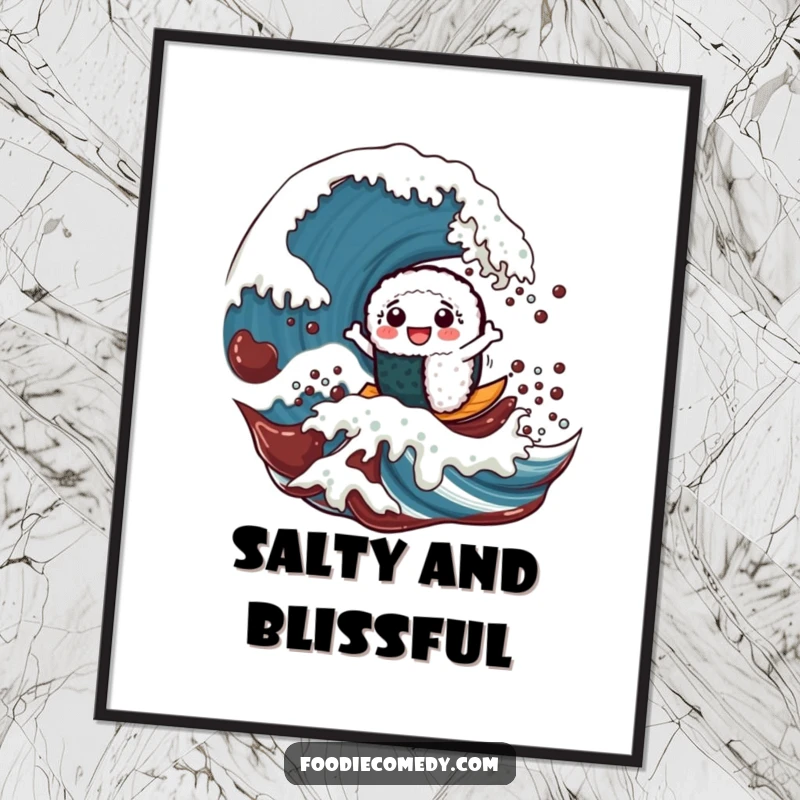 Funny digital art print of a cheerful sushi roll character surfing a large soy sauce wave, perfect for vibrant decor.