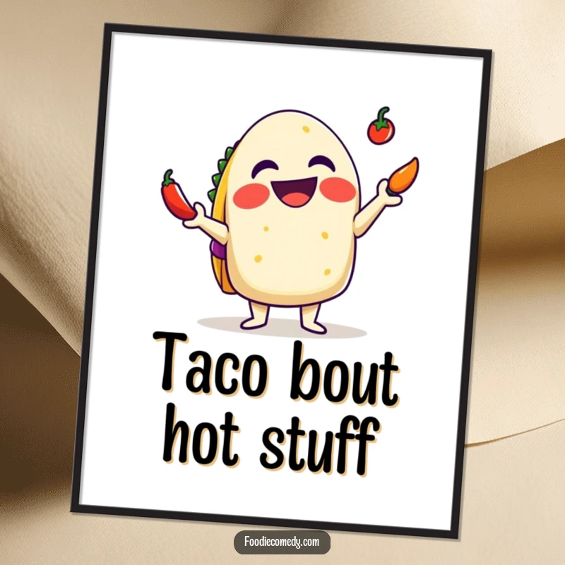 Funny Taco Digital Art: A delighted taco with a big grin juggling tiny chilis, ready for a spicy fiesta.