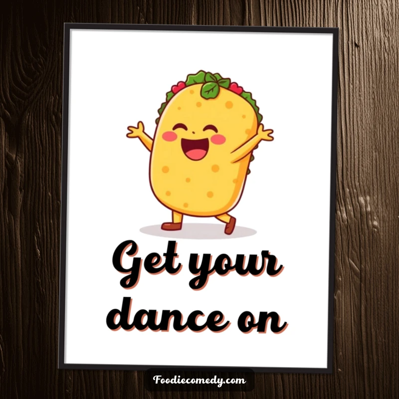 Funny taco salsa dance digital art print, taco character dancing, vibrant food art for walls.