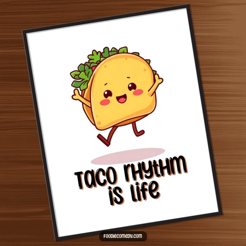 Funny Taco Digital Art Print: A taco character with legs dances the salsa, perfect for instant fiesta decor.
