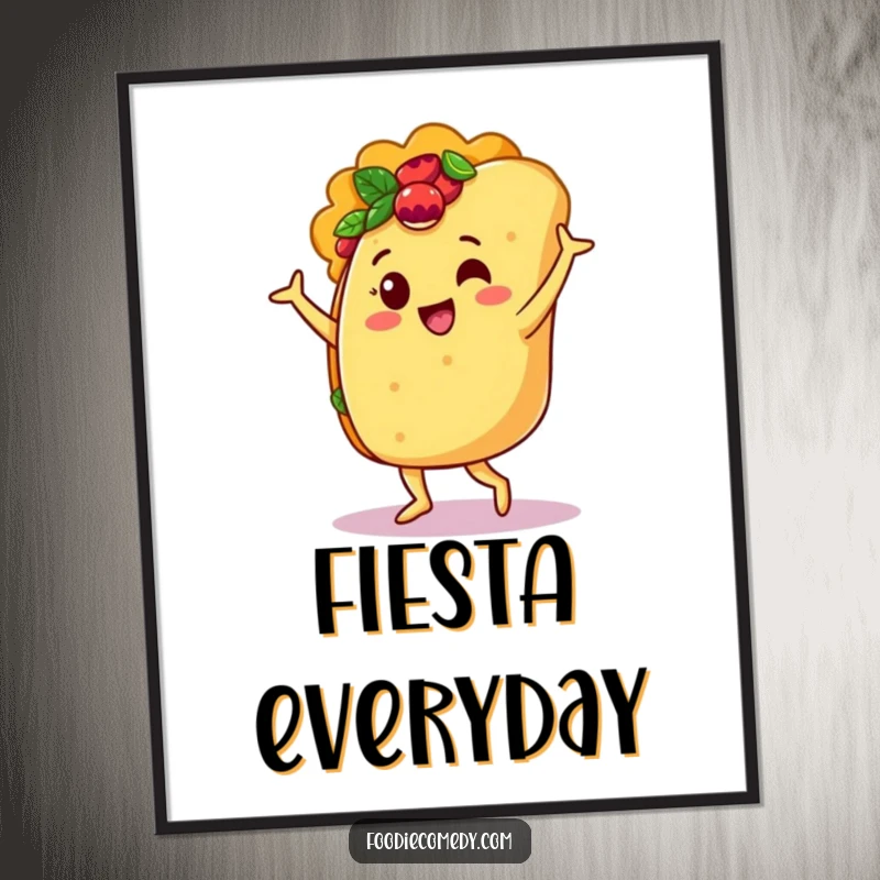 Funny digital art print of a jubilant taco character performing a vibrant salsa dance, perfect for festive wall decor.