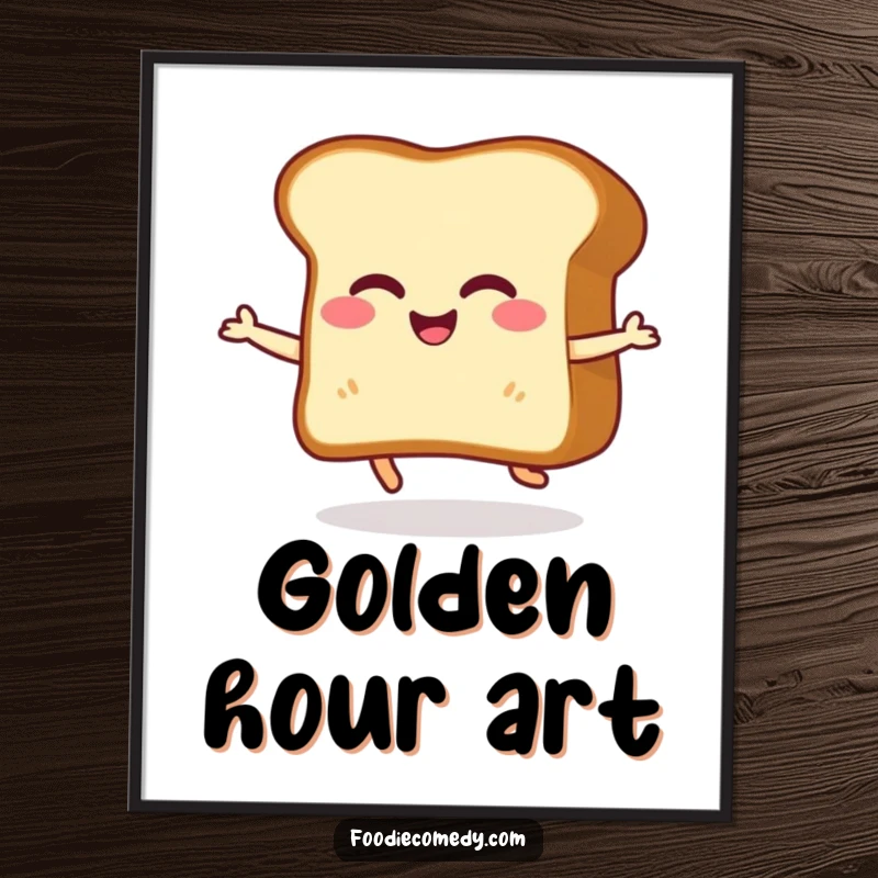 Funny digital art print of a giggling slice of toast performing a happy little shuffle, ready to bring animated humor.