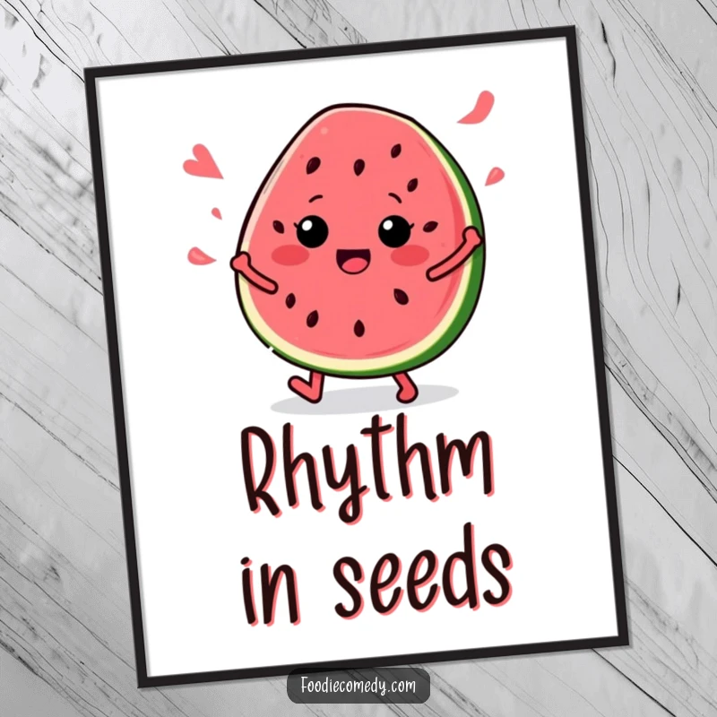 Funny Watermelon Dance Digital Art Print: A high-resolution, colorful artwork of a watermelon slice dancing energetically, seeds flying.