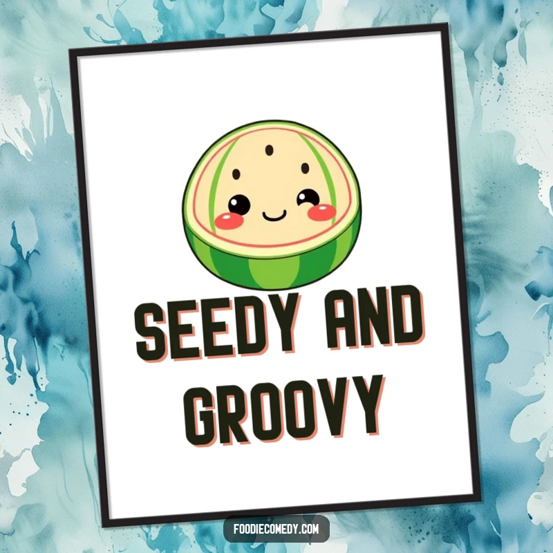 Funny watermelon digital art print of a whimsical watermelon slice with a face wiggling its seeds, for instant joy.