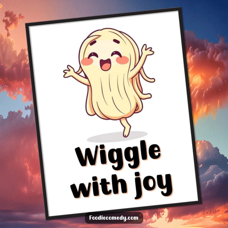 Funny wiggling noodle digital art, a cartoon pasta character doing a silly, energetic dance, full of humor.