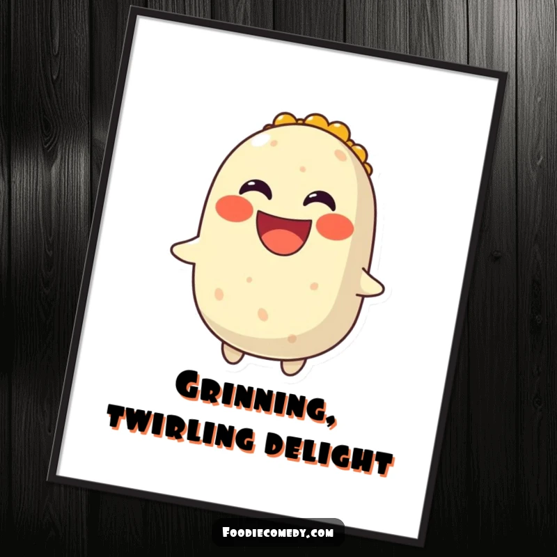 Funny digital art print of a smiling burrito spinning with a wide, joyful grin, full of energy.