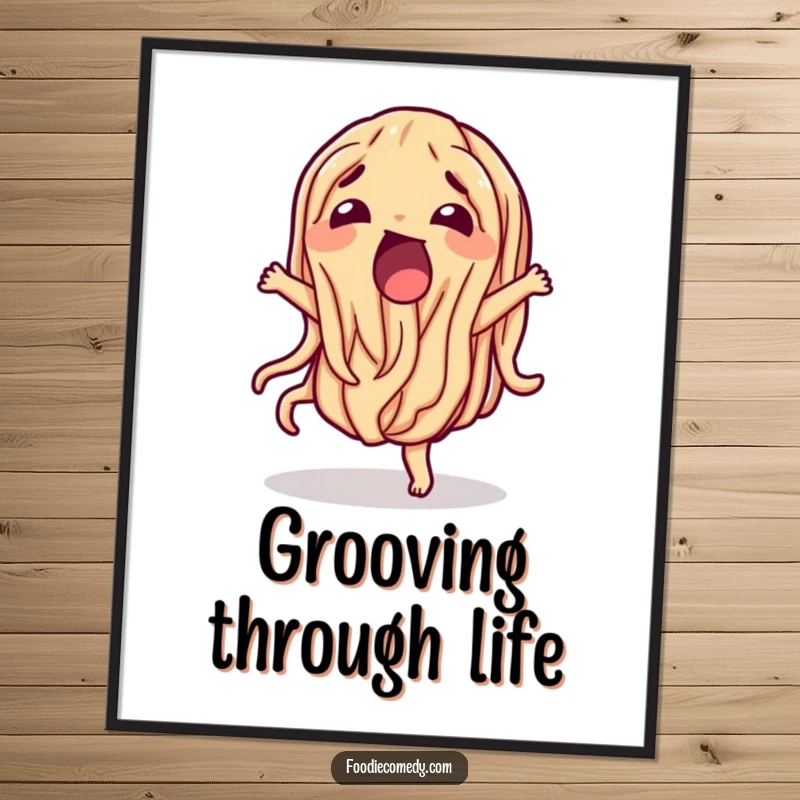 Funny wiggling noodle digital art print, a dancing pasta character full of movement and joy.
