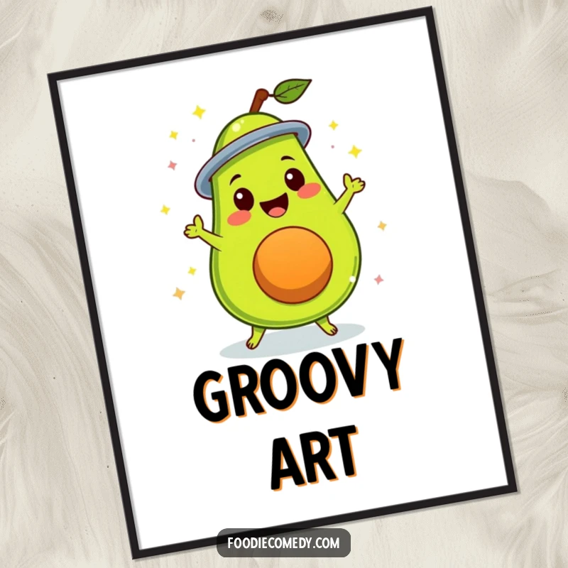 Funny delighted avocado doing a disco spin, a high-resolution digital art print for instant groovy decoration.