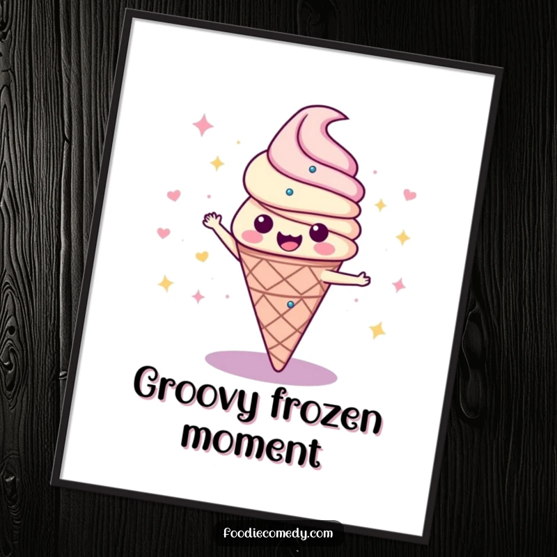 Funny digital art print of a lively ice cream cone performing a dynamic disco spin, ready to be printed and displayed.